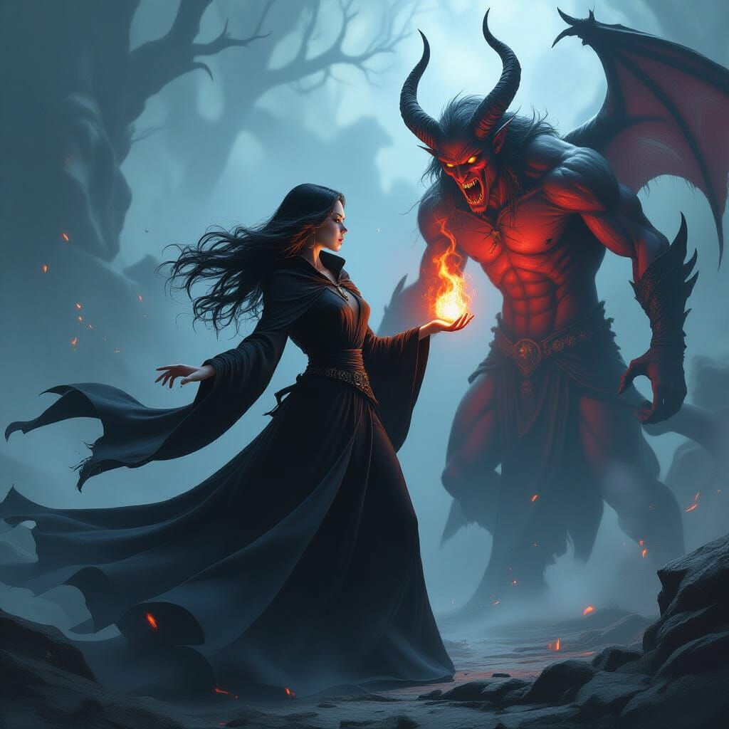 Sorceress Summons a Demon in Dark Fantasy Style