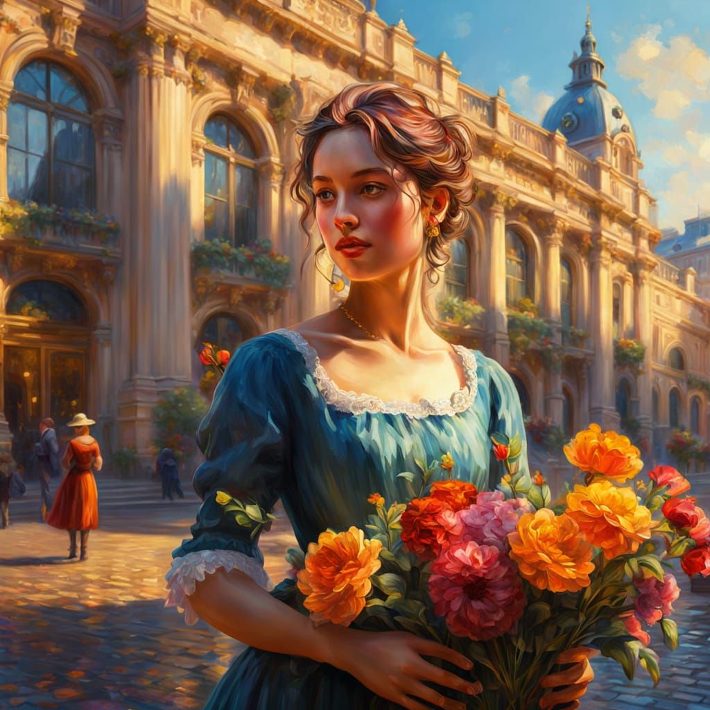 Impressionist Woman Selling Flowers in European City
