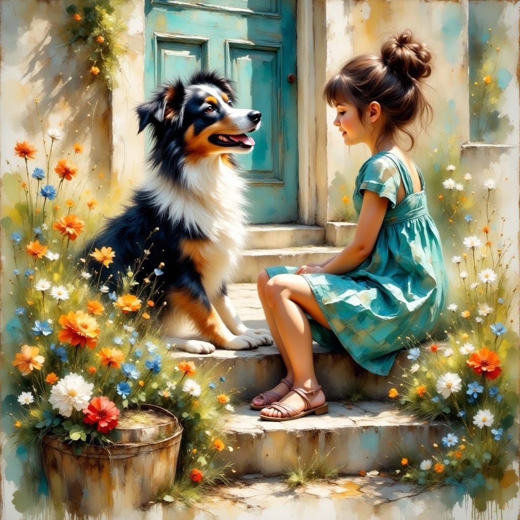 Girl and Border Collie on Porch as Impasto Painting
