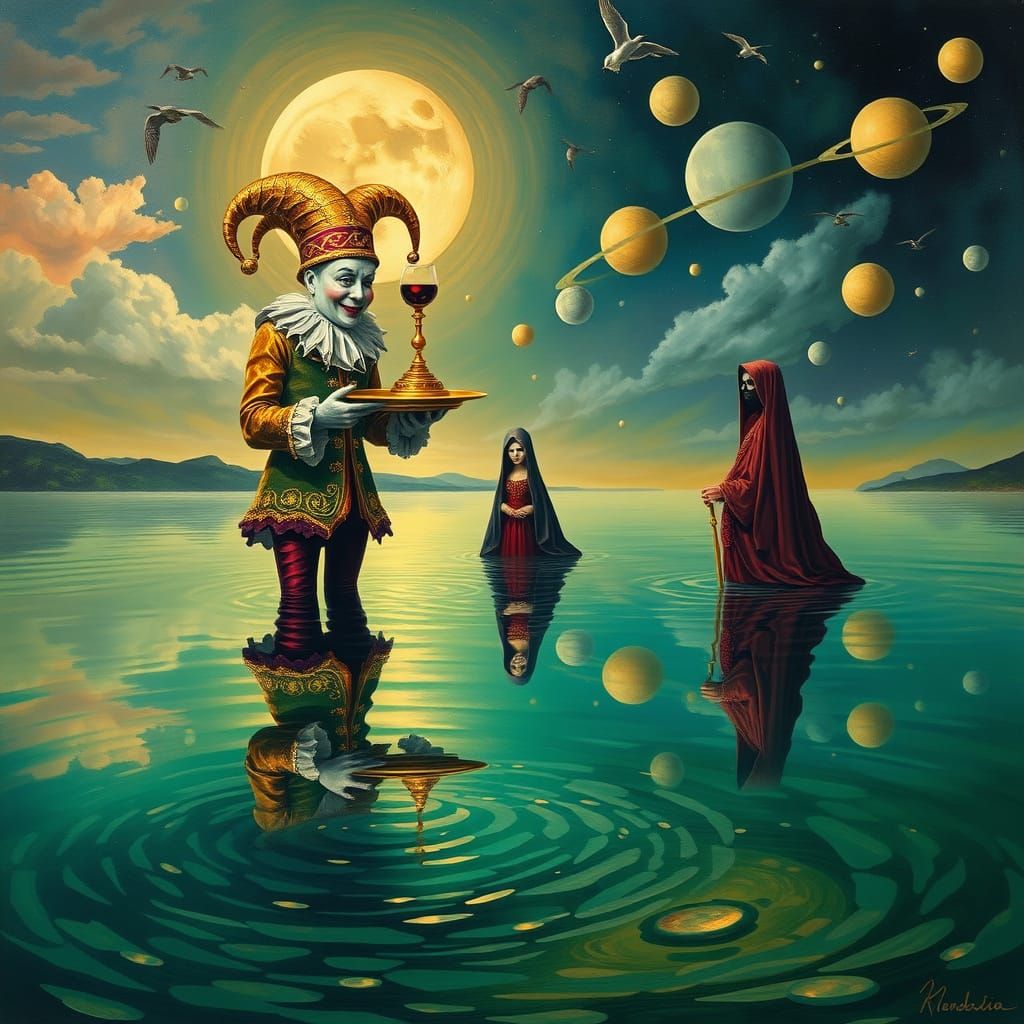 Surreal Jester's Pour: Reflections in Emerald Waters