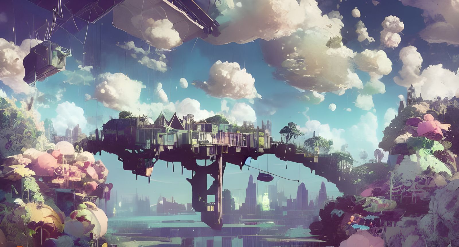 Floating Island in Clouds: Pop Art Comic Illustration