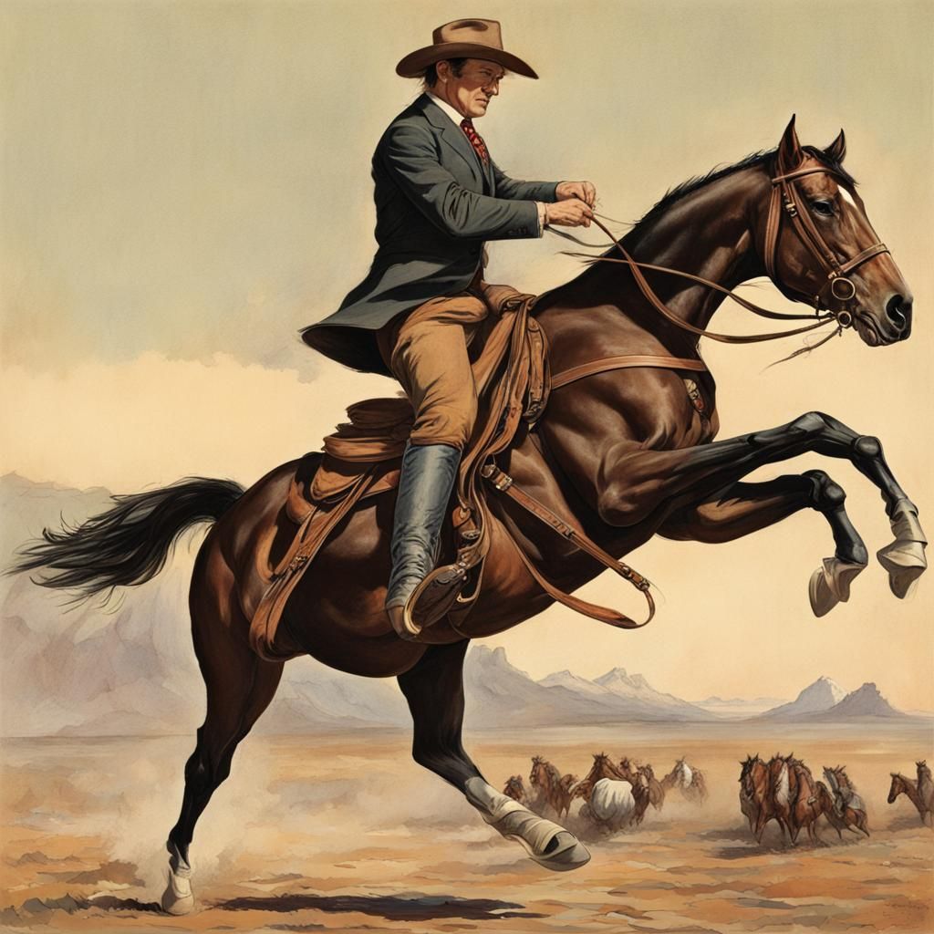 Cowboy Riding into the Sunset in Digital Art