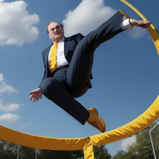 Lib Dem Leader Ed Davey jumping on a trampoline saying "Jump for your vote"