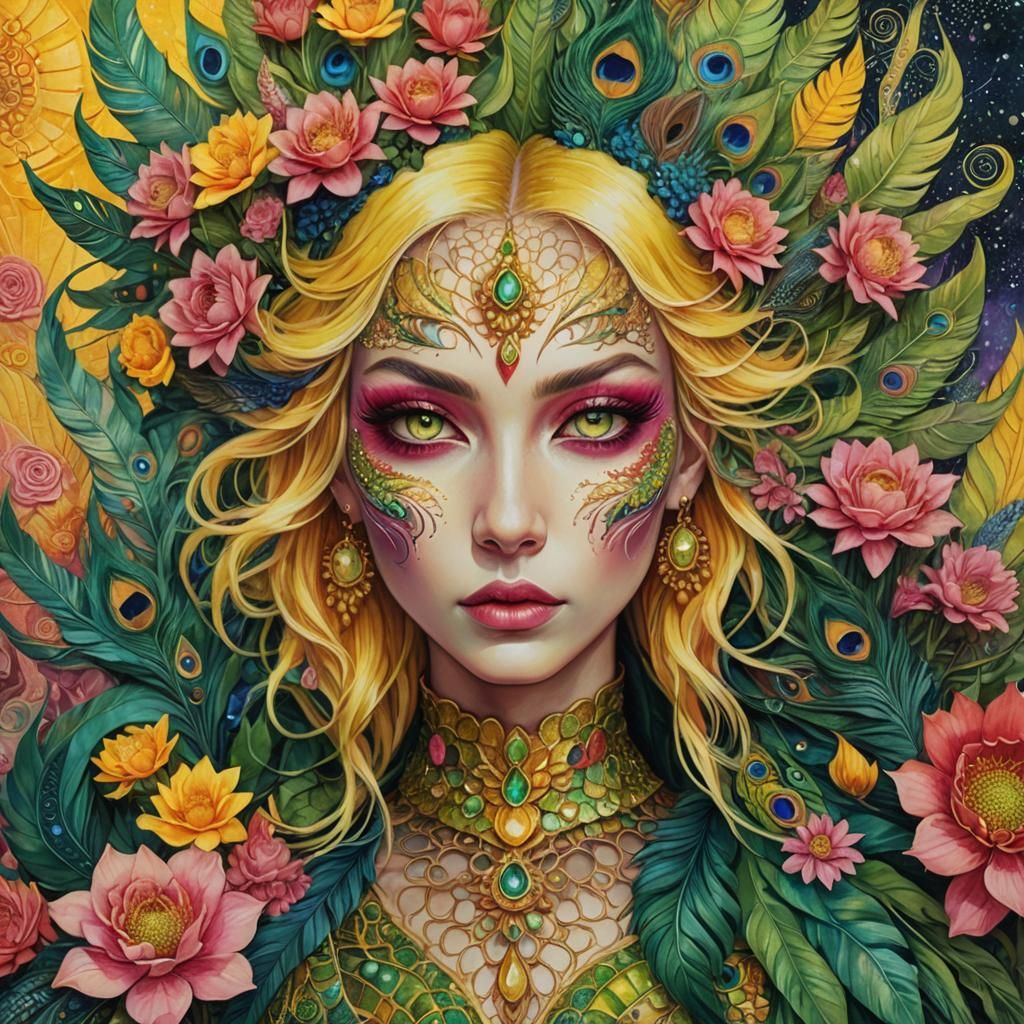 Dragon Peacock Woman in Vibrant Cosmic Art Style