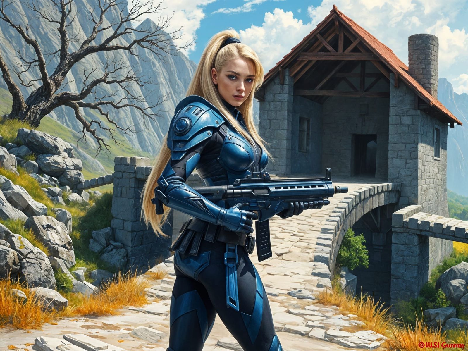 Armored Warrior girl stands guard at a toll bridge on a remo...