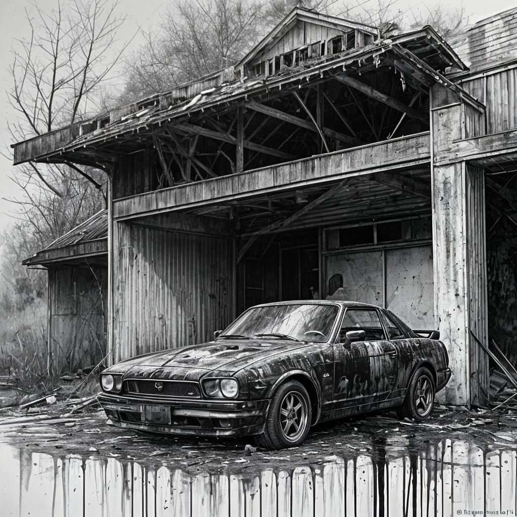 Eerie Abandoned Garage with Nissan GTR House in Dusty Black ...