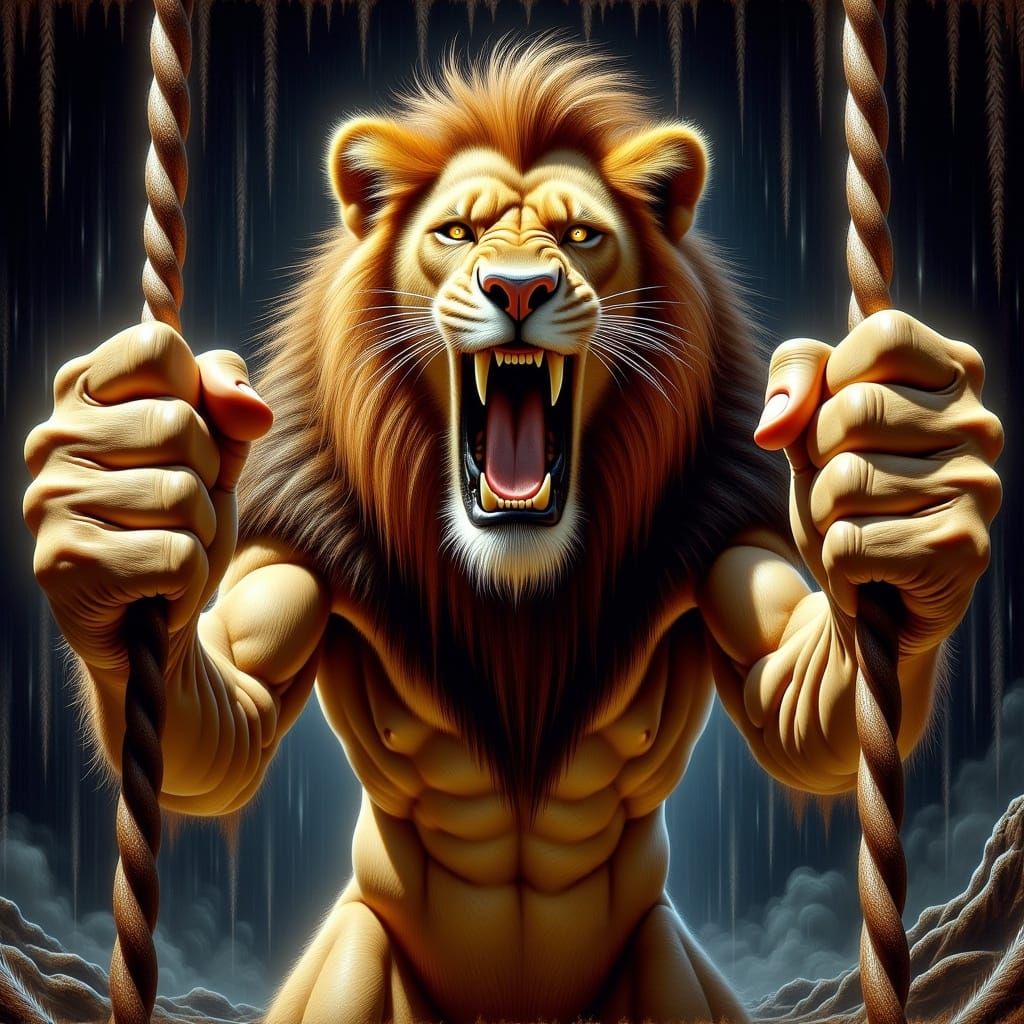 Furious Muscled Lion Behind Cage Bars