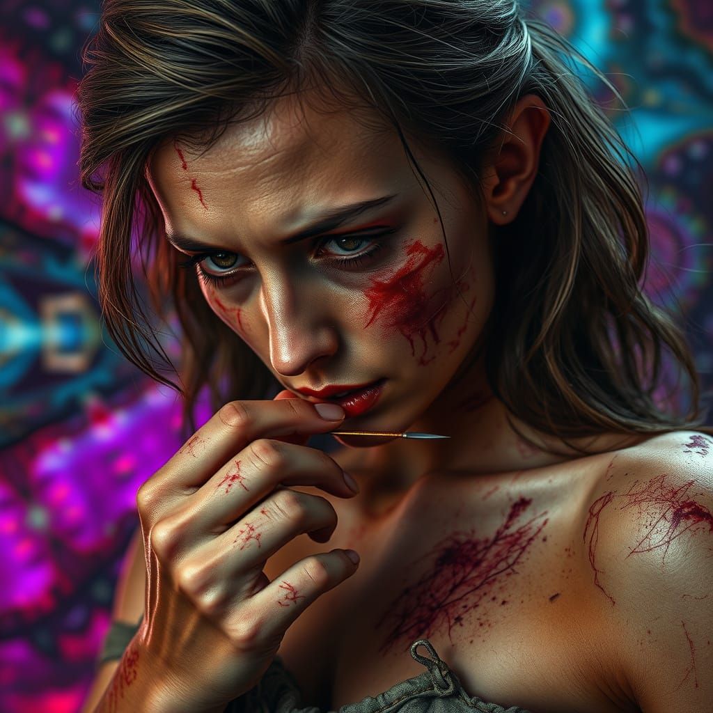 Shattered Woman Stitches Her Own Wounds in Hyperrealistic De...