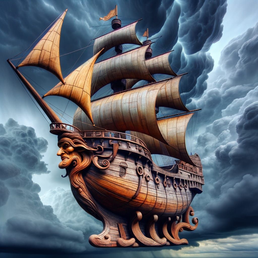 Mystical Flying Ship Rides Stormy Skies with Wooden Leprecha...