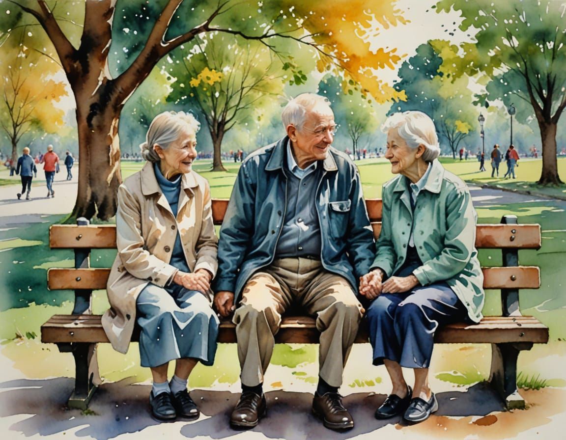 Elderly Couple Watching Children, Watercolour Painting