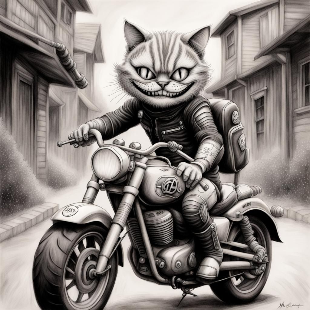 Cheshire Cat Rides Motorcycle: Pencil Drawing