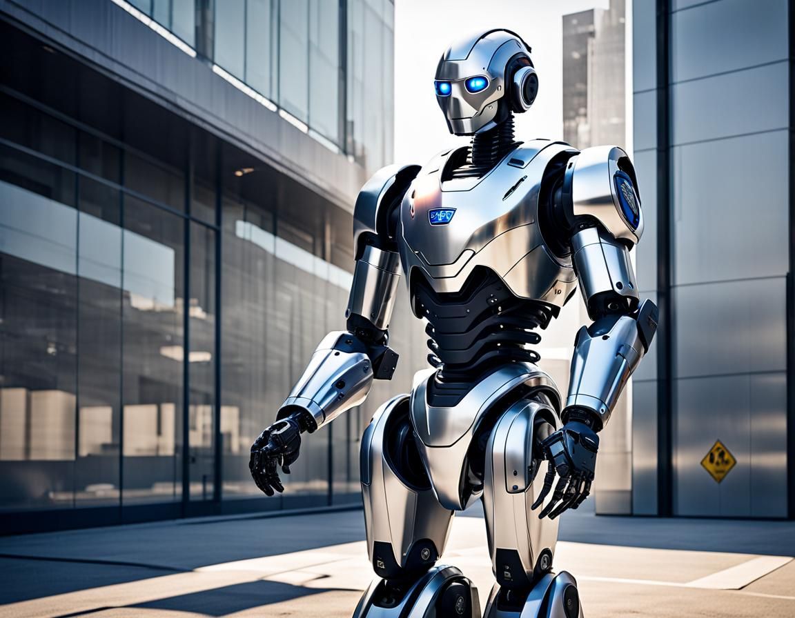 Futuristic Police Robot Gleaming in Sunlight