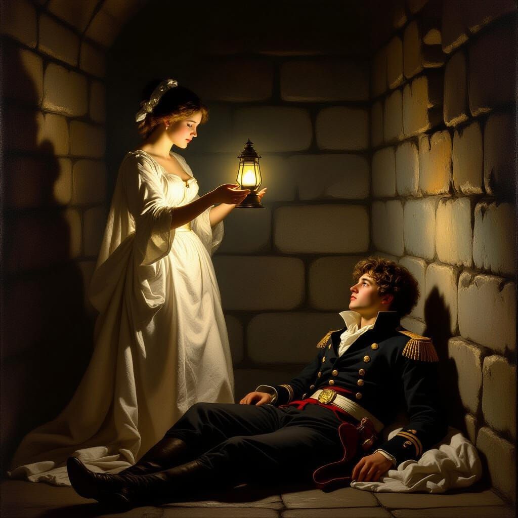 Woman Holds Lamp in Dim Prison, 18th Century Painting Style