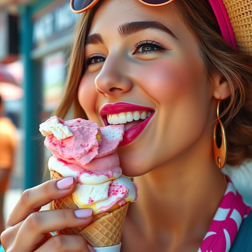 Woman Licking Ice Cream in Photorealistic Style