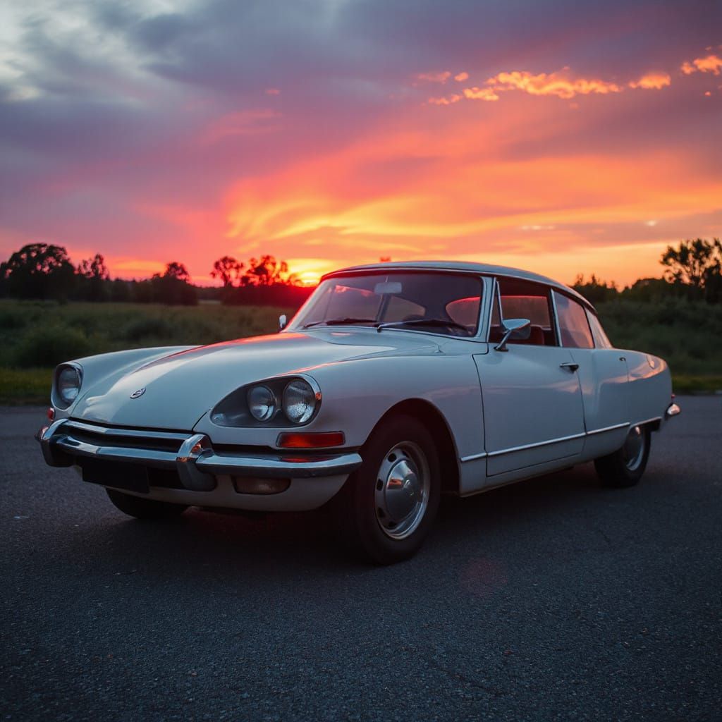 Silver Citroën DS20 Coupe in Retrofuturistic Sunset