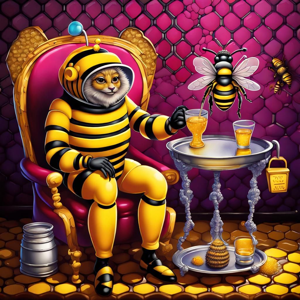 Queen Bee on Throne in Hive, Whimsical Art