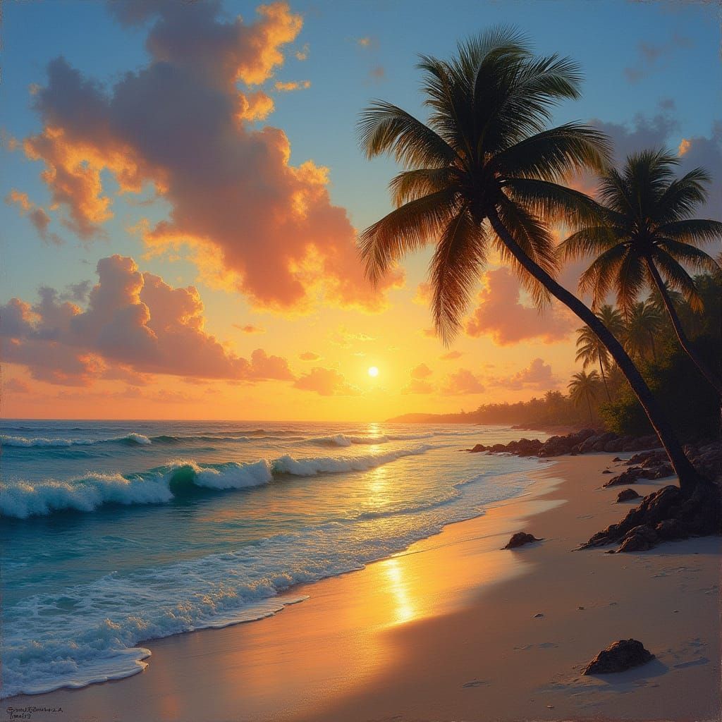 Serene Sunset Beach Scene with Palm Trees