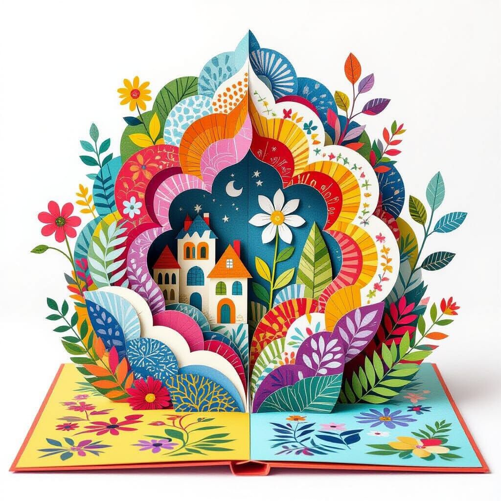 Colorful Pop-Up Book with Intricate Paper Cutouts