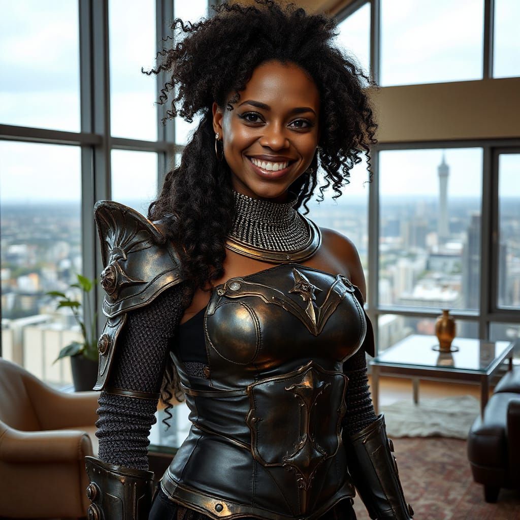 Smiling Woman in Fantasy Armor Overlooking Cityscape