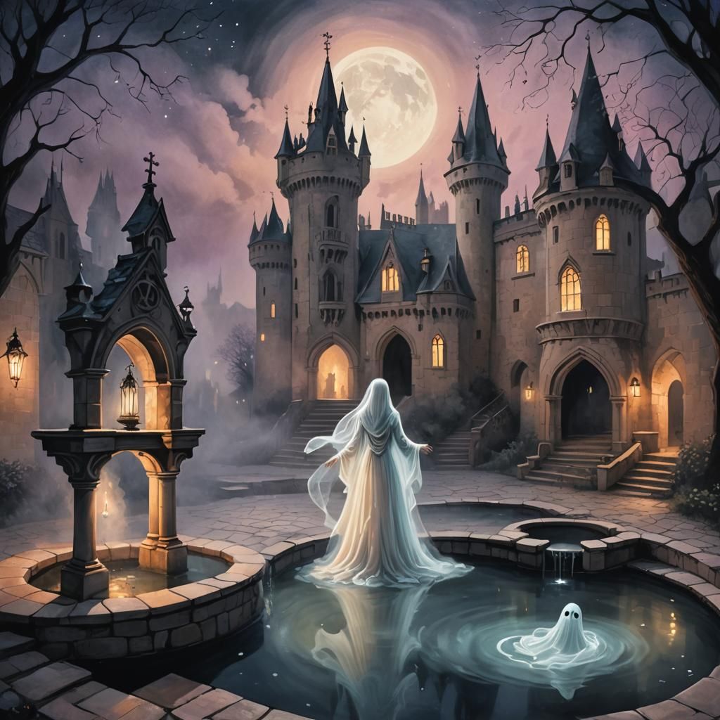 Ghostly Figure Above Wishing Well in Gothic Style
