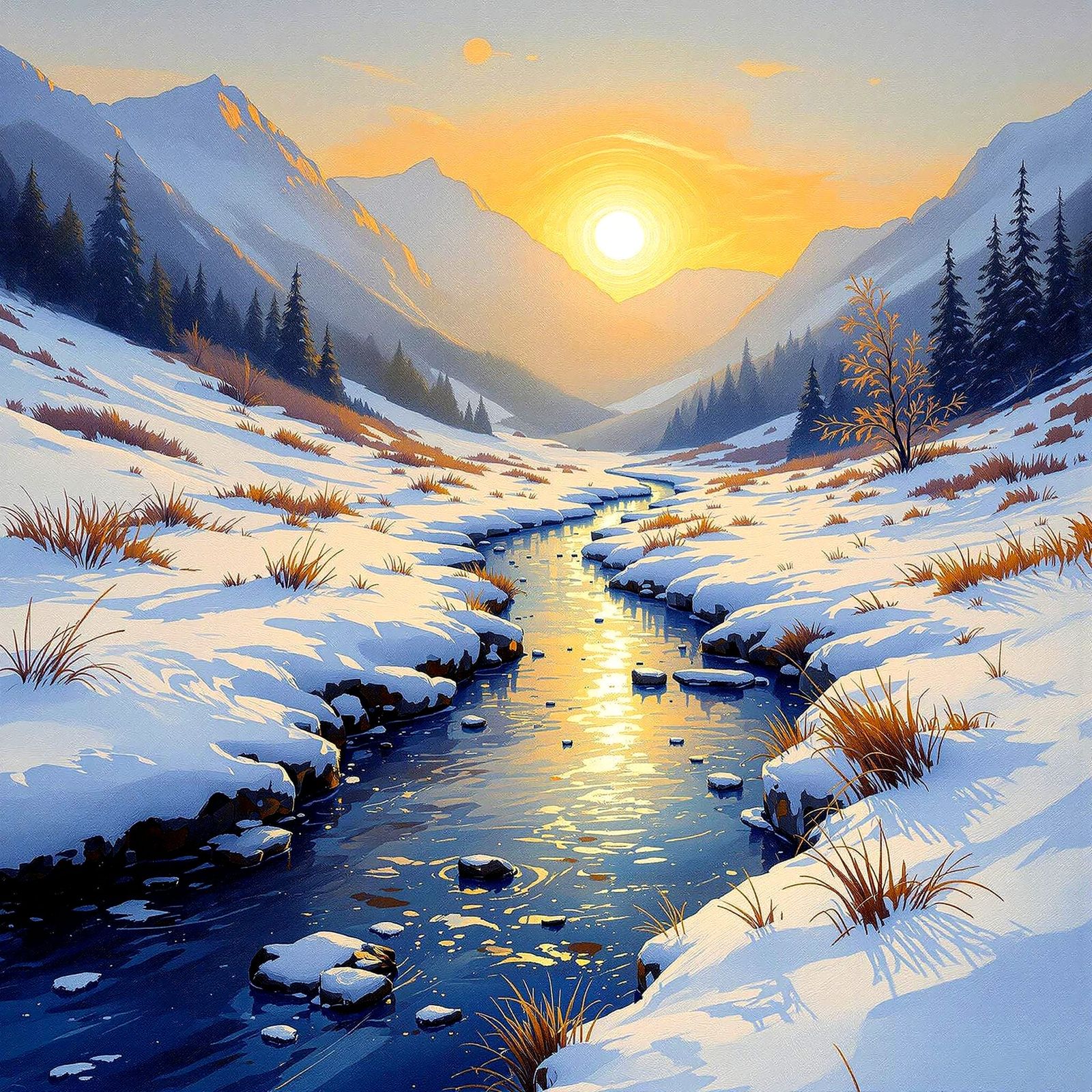 Watercolor Winter Valley Landscape at Golden Hour
