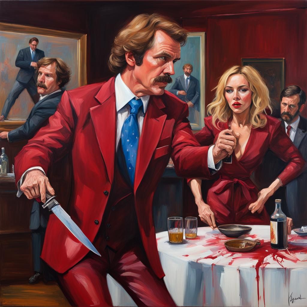 Ron Burgundy and Kylie Minogue Knife Fight, Oil Painting