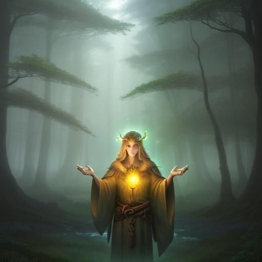 Druid Communicates with Nature Spirits Under Twilight Canopy