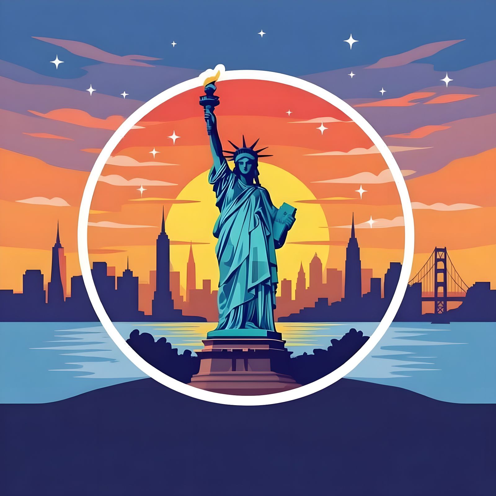 USA Travel Sticker: Statue of Liberty at Sunset