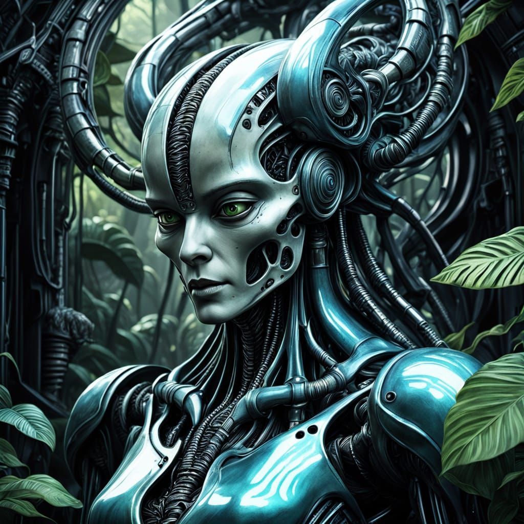 Biomechanical Utopian Jungle Bloom in Surrealist Style