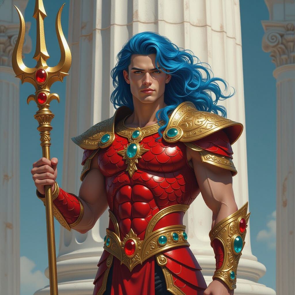 Young God Poseidon in Scaled Armor with Trident