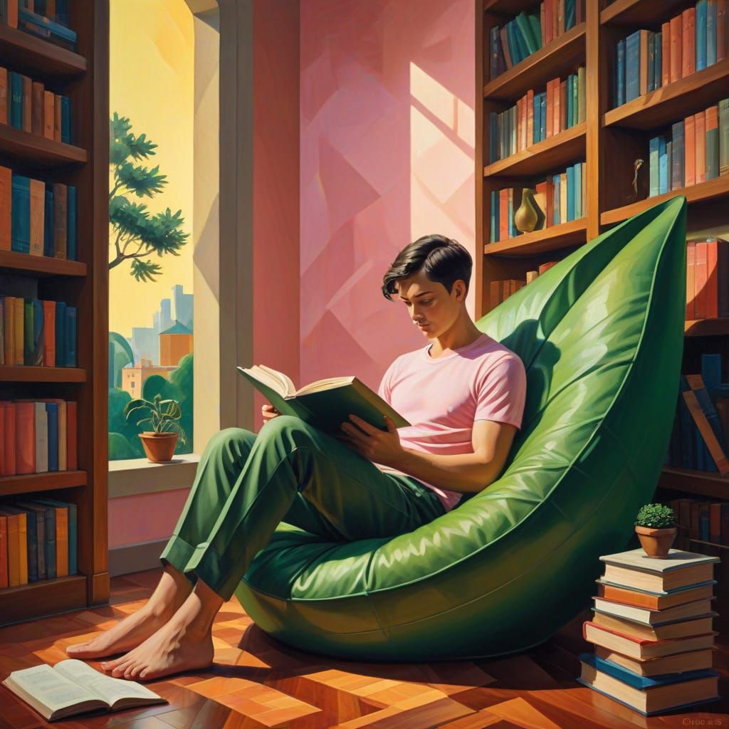 Cubist Boy Reading Book in Library Corner