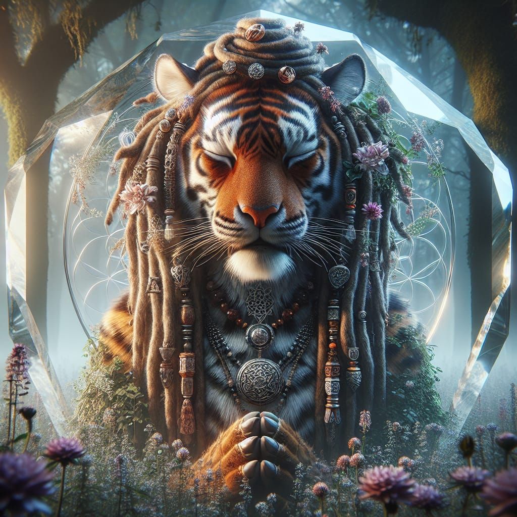 Tiger-Human Hybrid Meditating in Mystical Garden