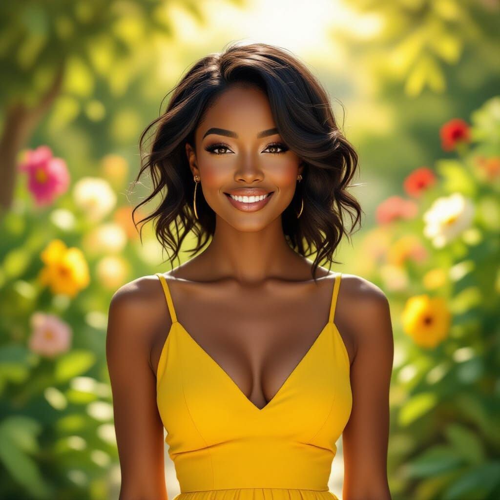 Black Woman in Yellow Dress in Sunlit Garden