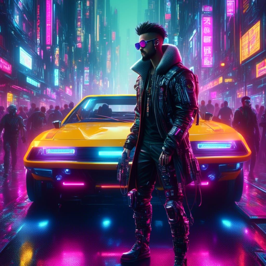 Cyberpunk Hipster with Boombox in Neon City