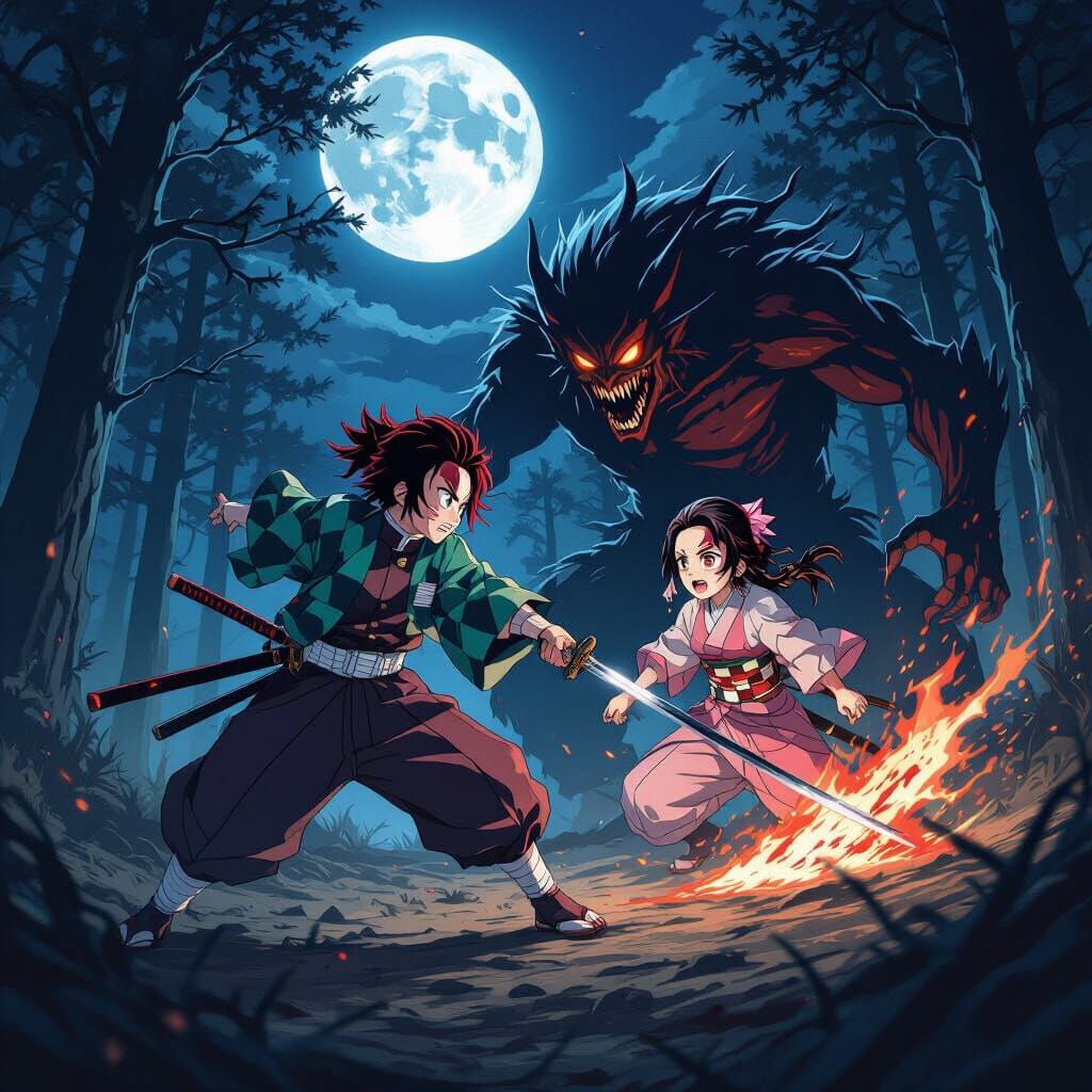Tanjiro and Nezuko Fight Demons in Anime Concept Art Style
