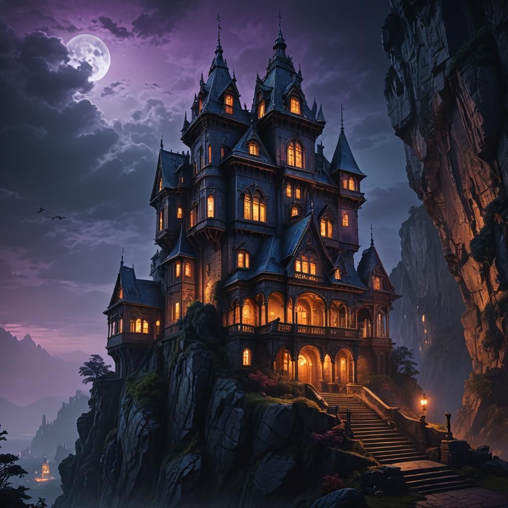 Spooky Cliffside Mansion in Dark Fantasy Style
