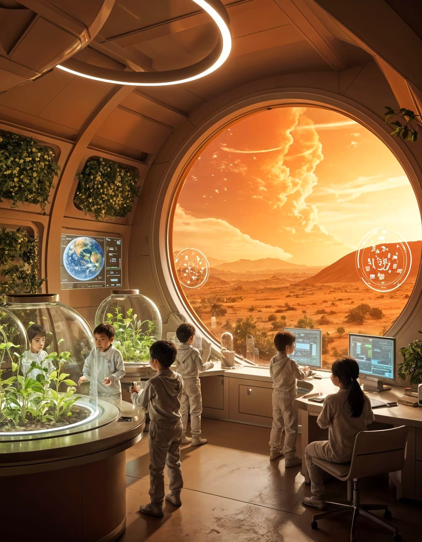 Martian School Children Learn in Futuristic Red Planet Class...