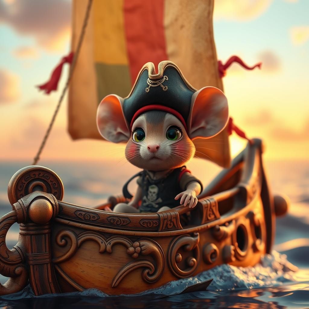 Cute Pirate Mouse in Gourd Ship: 3D Anime Art