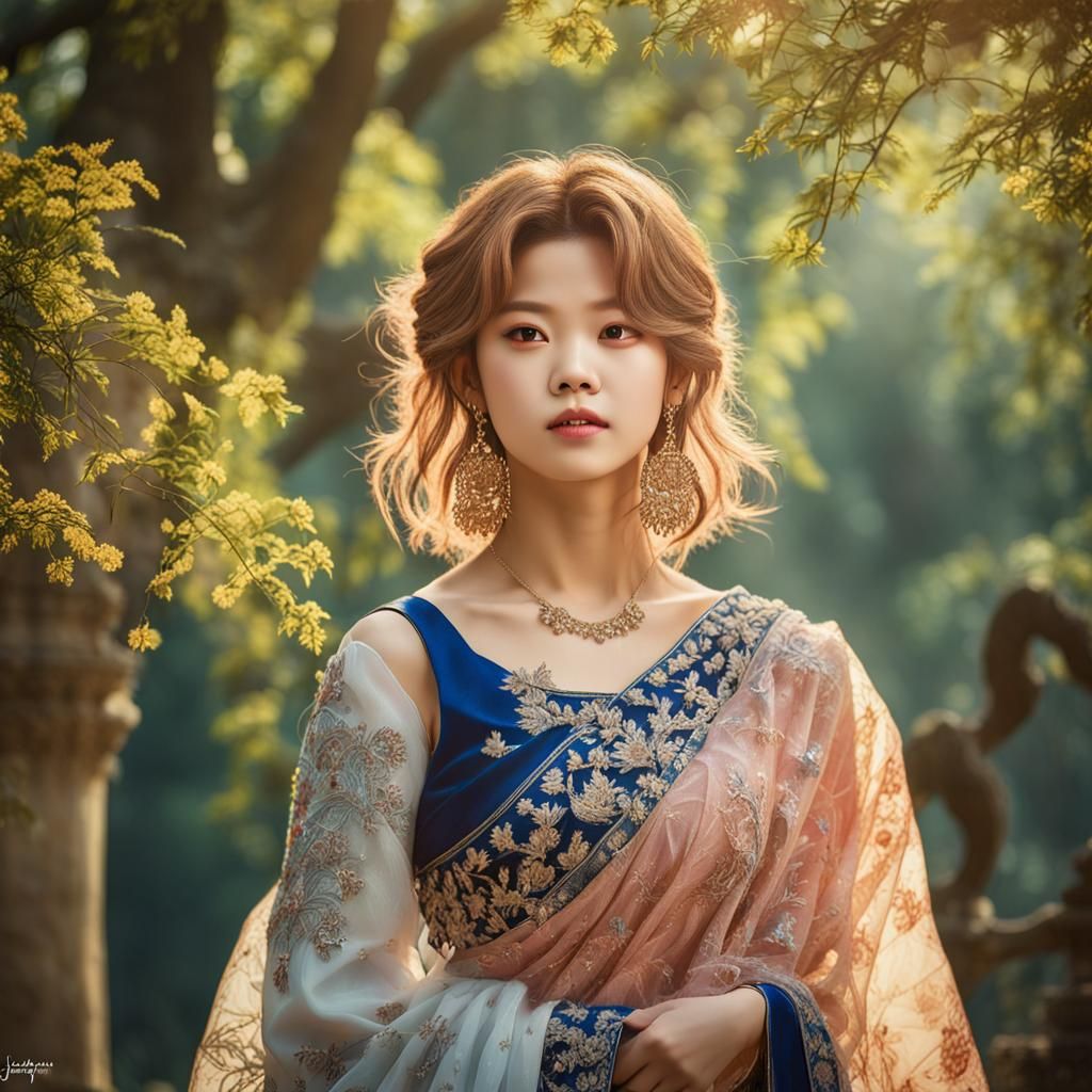 Yoo Jeongyeon in Vibrant Saree: Photorealistic Rococo Style