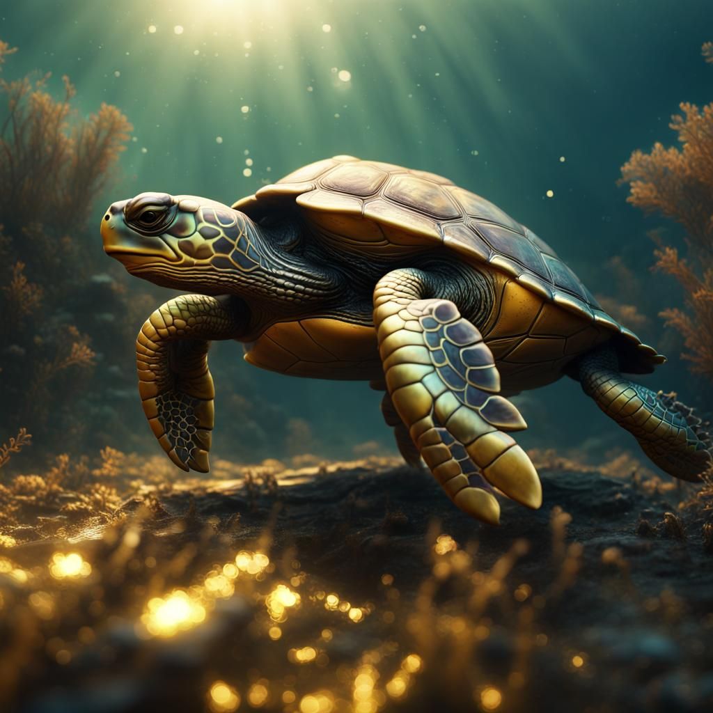 Golden Baby Turtle in Detailed Matte Painting