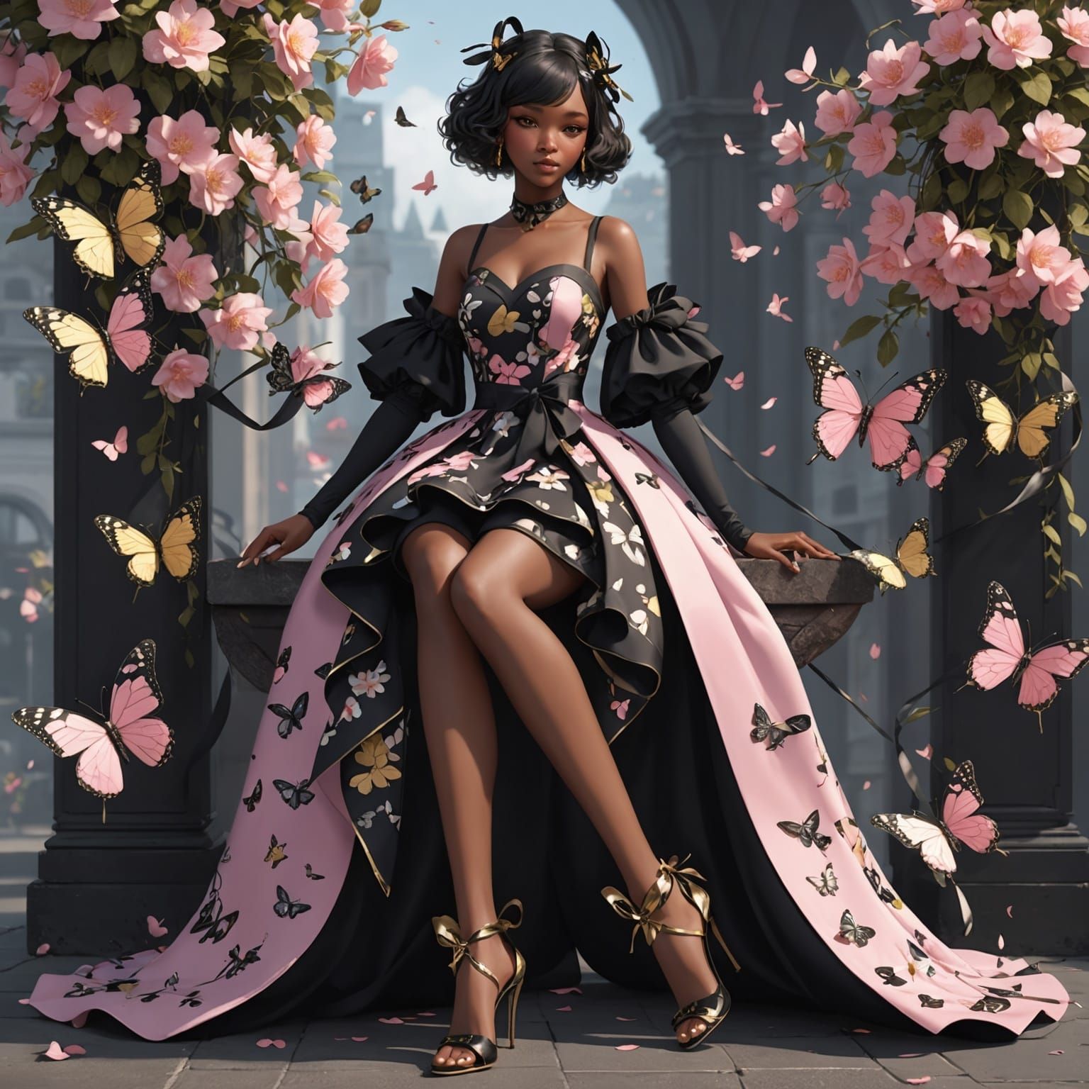 Black Woman in Flowered Dress: 3D Anime Art