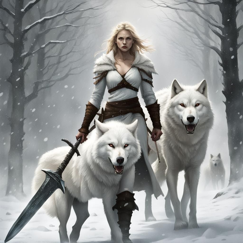 Blond Warrior and White Wolf in Snowstorm