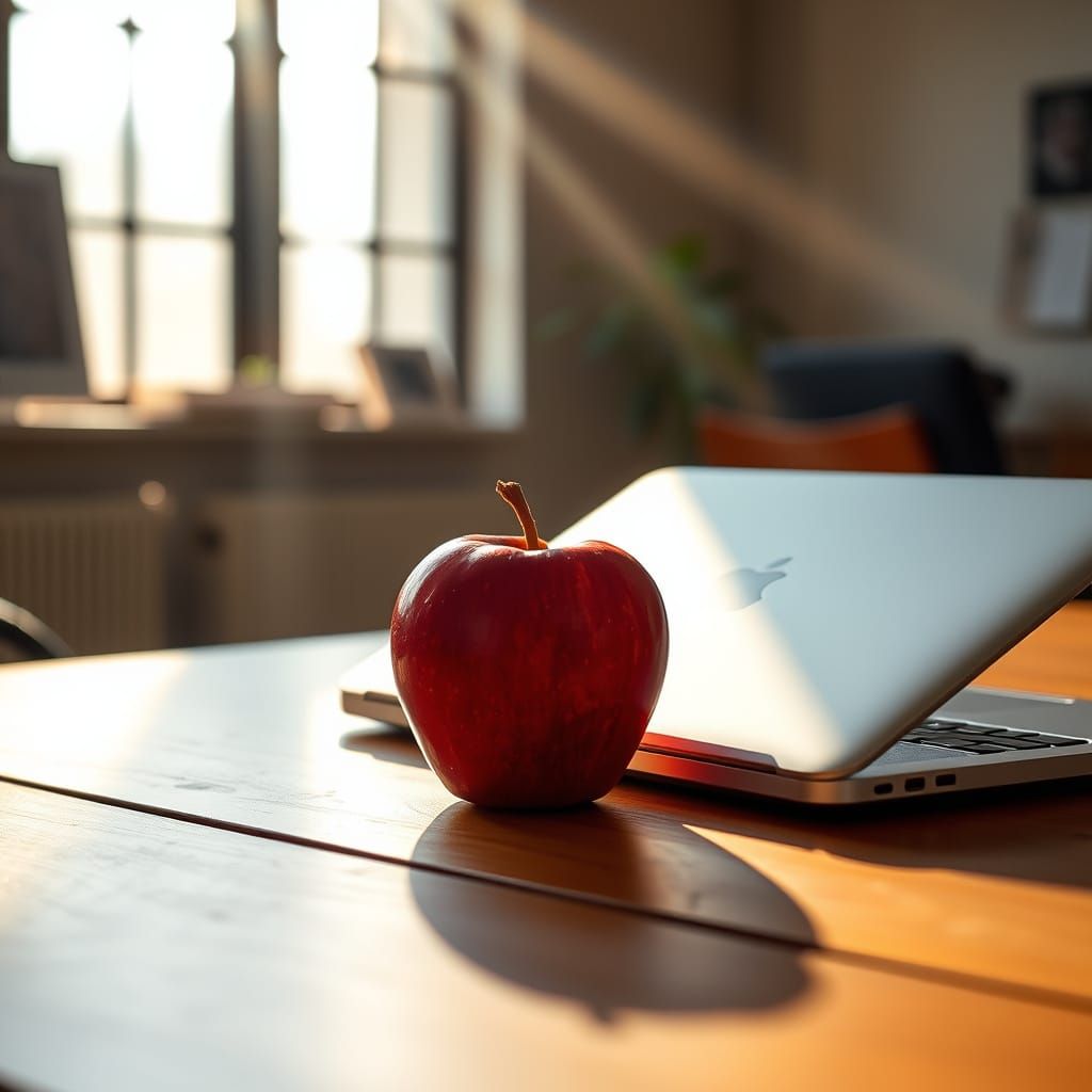 Still Life of a Red Apple and MacBook in a Minimalist Settin...