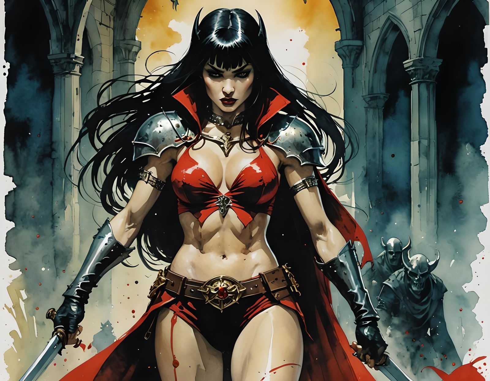 Vampirella in Medieval Scene as Watercolor Poster Art