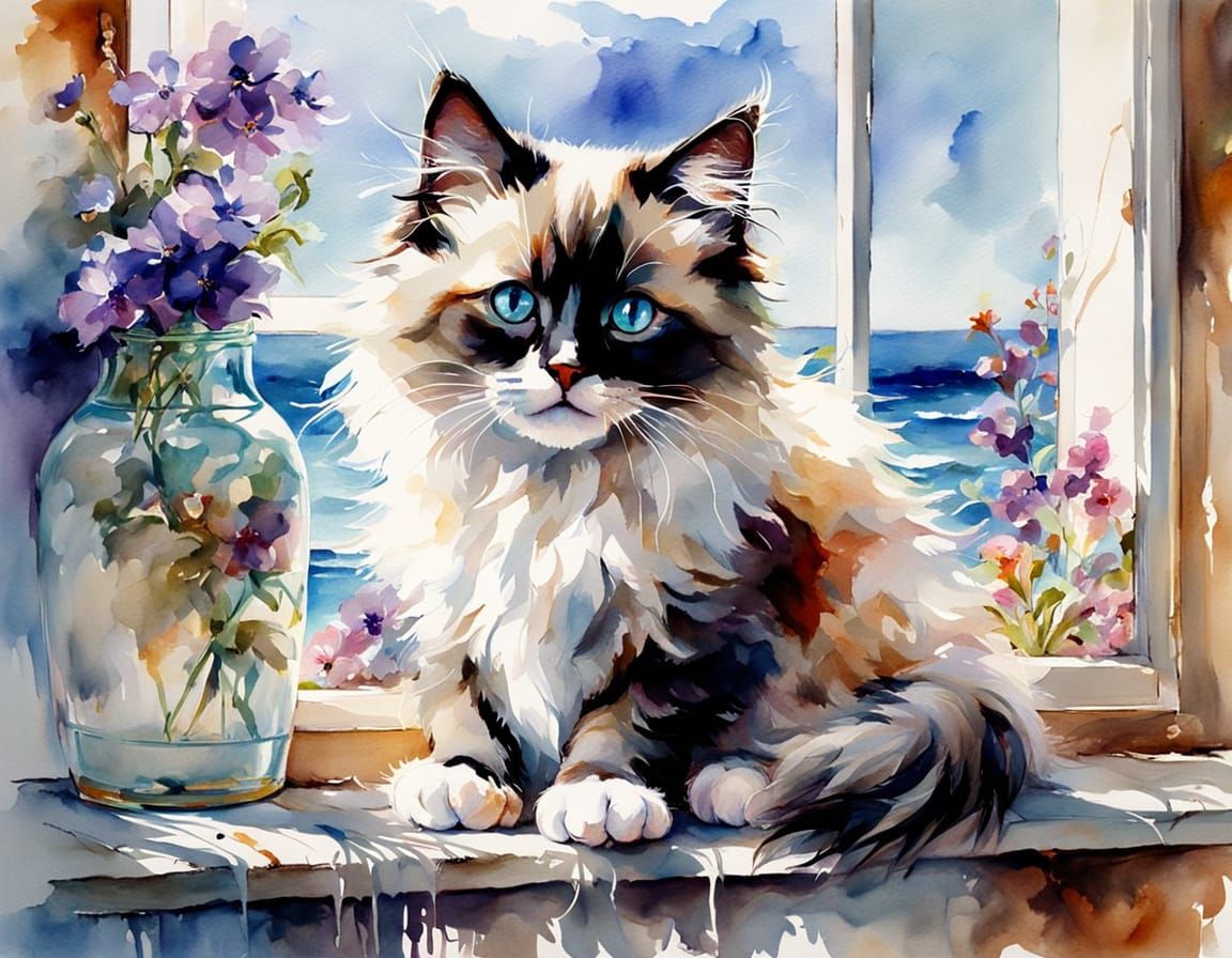 Ragdoll Kitten with Blue Eyes, Watercolor Beach View