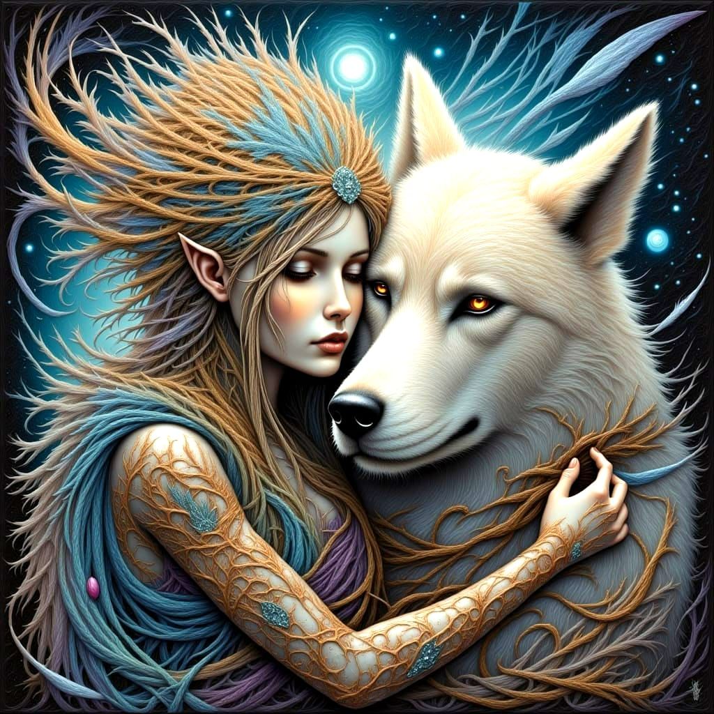 Fantasy Elf Maiden in a Blizzard with Enchanted Wolf Compani...