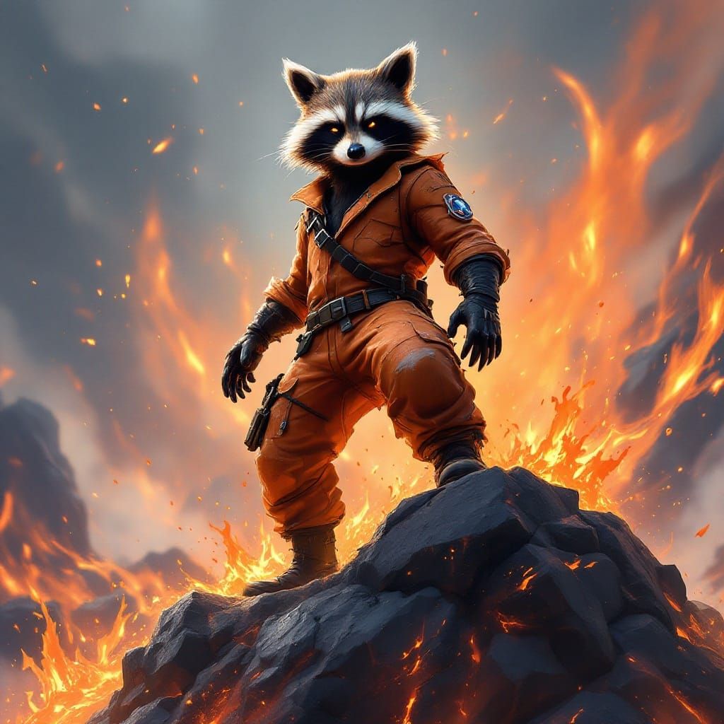 Heroic Rocket Raccoon in Lava Pool, Impressionist Oil Painti...