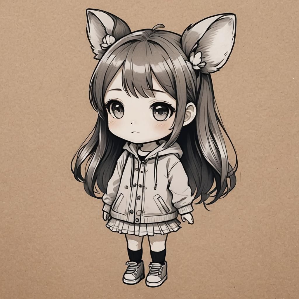 Cute Fox-Eared Girl: Chibi Style Sketch