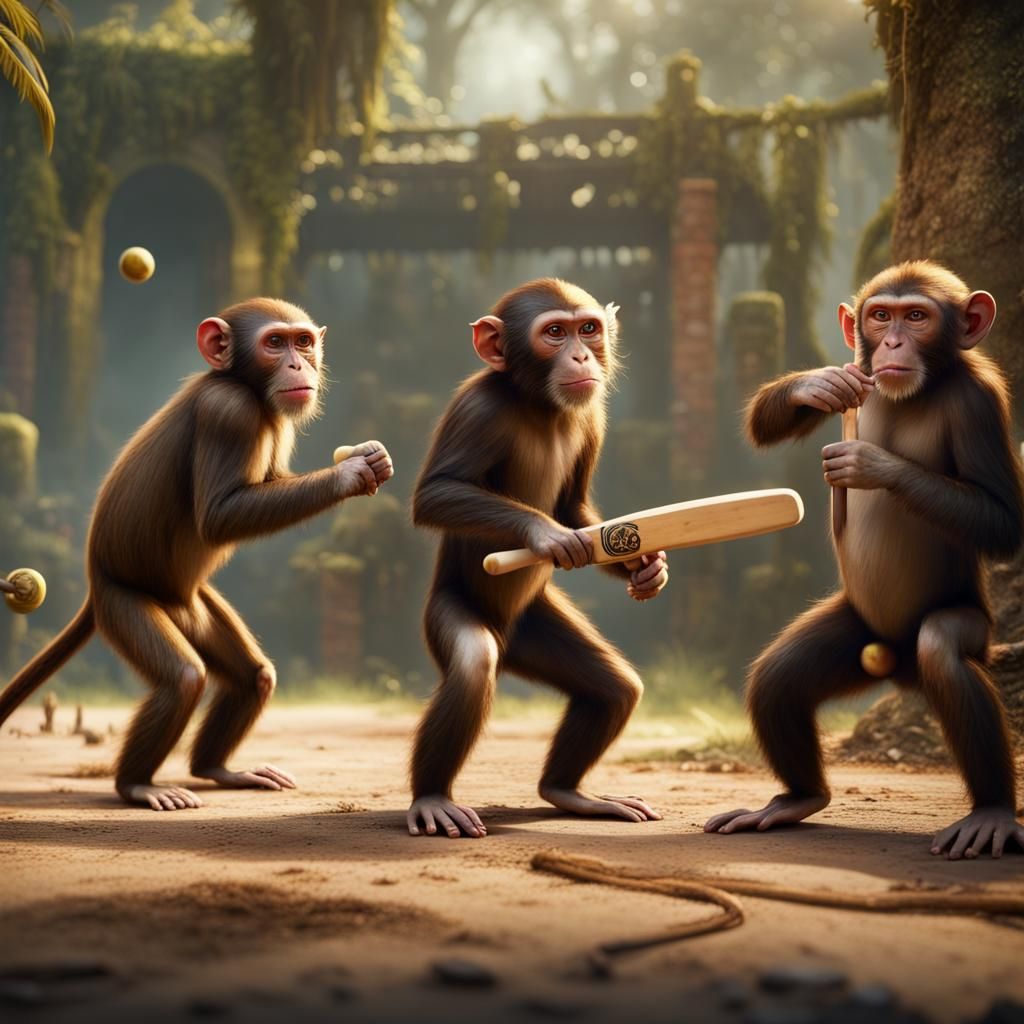 Monkeys Playing Cricket in Detailed Matte Painting