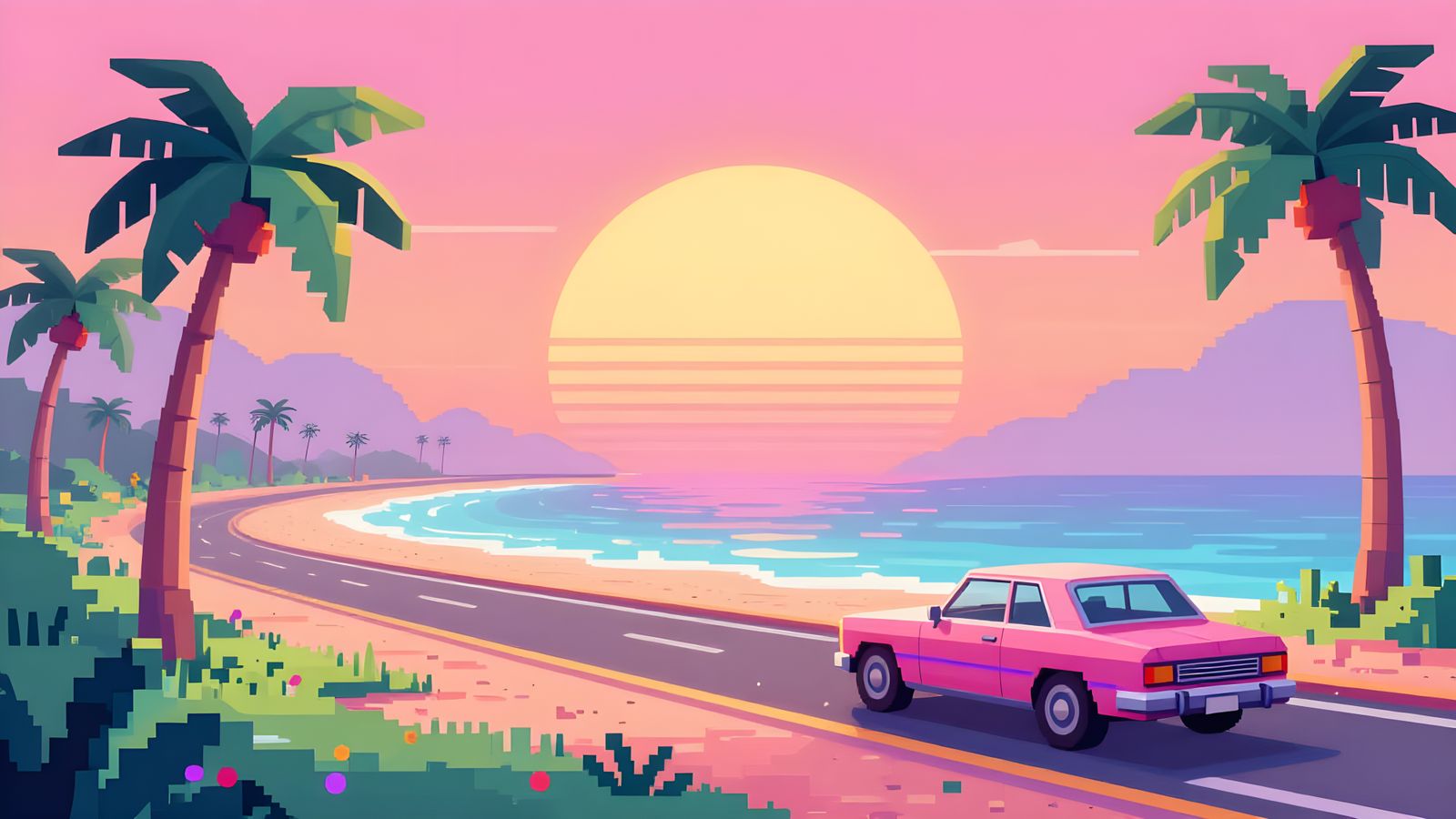 Vaporwave Beach Sunset with Retro Car